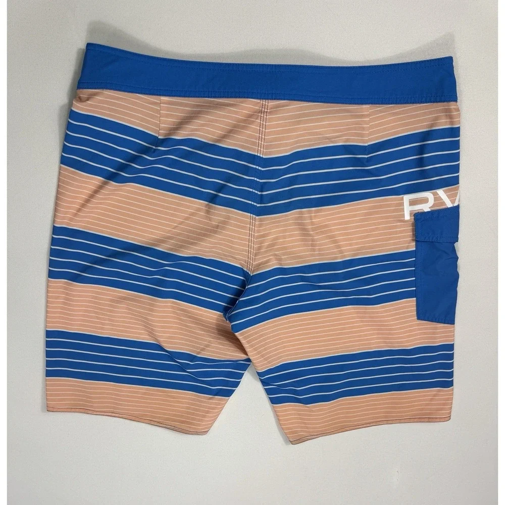 RVCA Men's 36x11 Board Shorts Swim Trunks Pocket Vacation Blue Peach Striped
